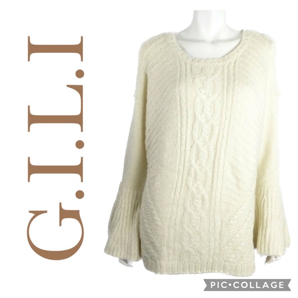 G.I.L.I Cable Knit Cold Shoulder Sweater With Bell Sleeves In Vanilla Cream - Picture 1 of 16